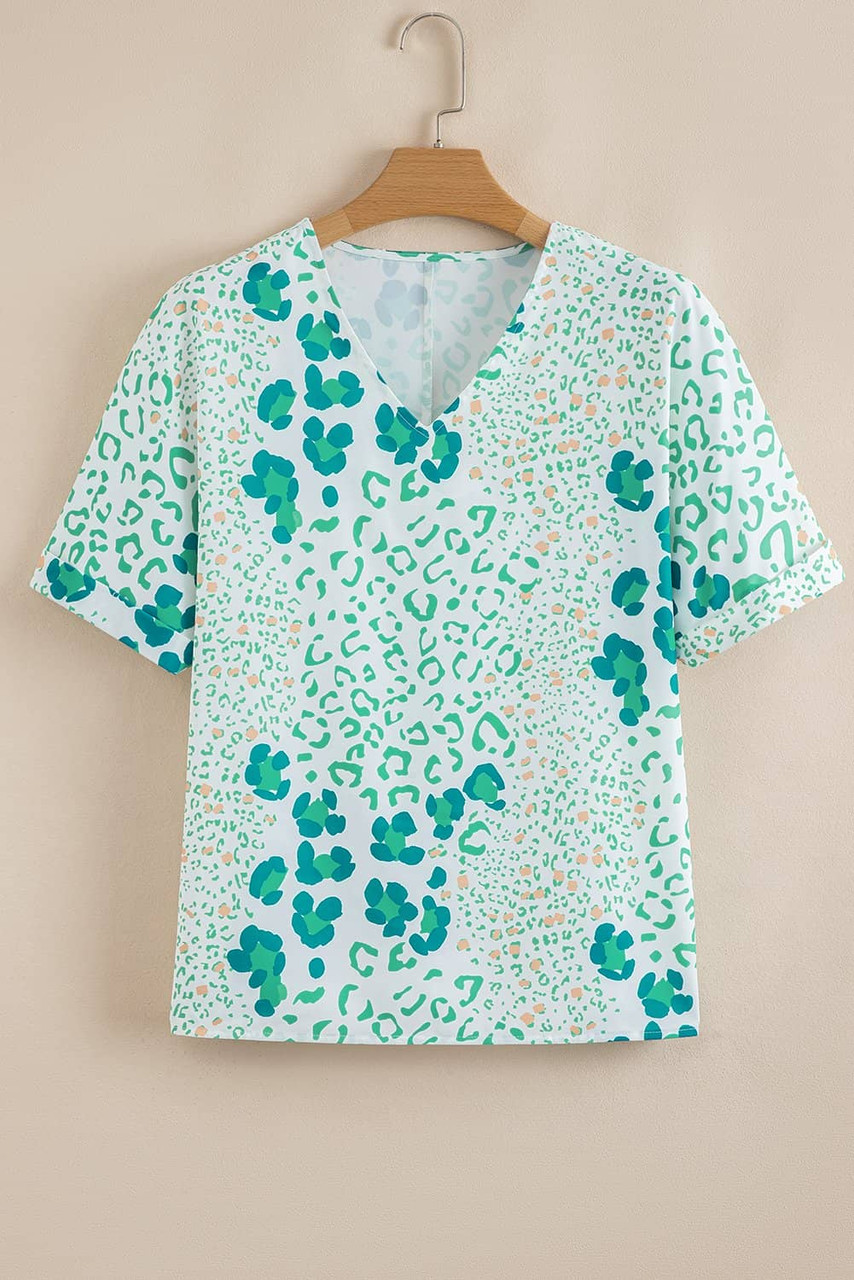 Green Mixed Leopard Print V Neck Short Sleeve Blouse Green Mixed Leopard Print V Neck Short Sleeve Blouse