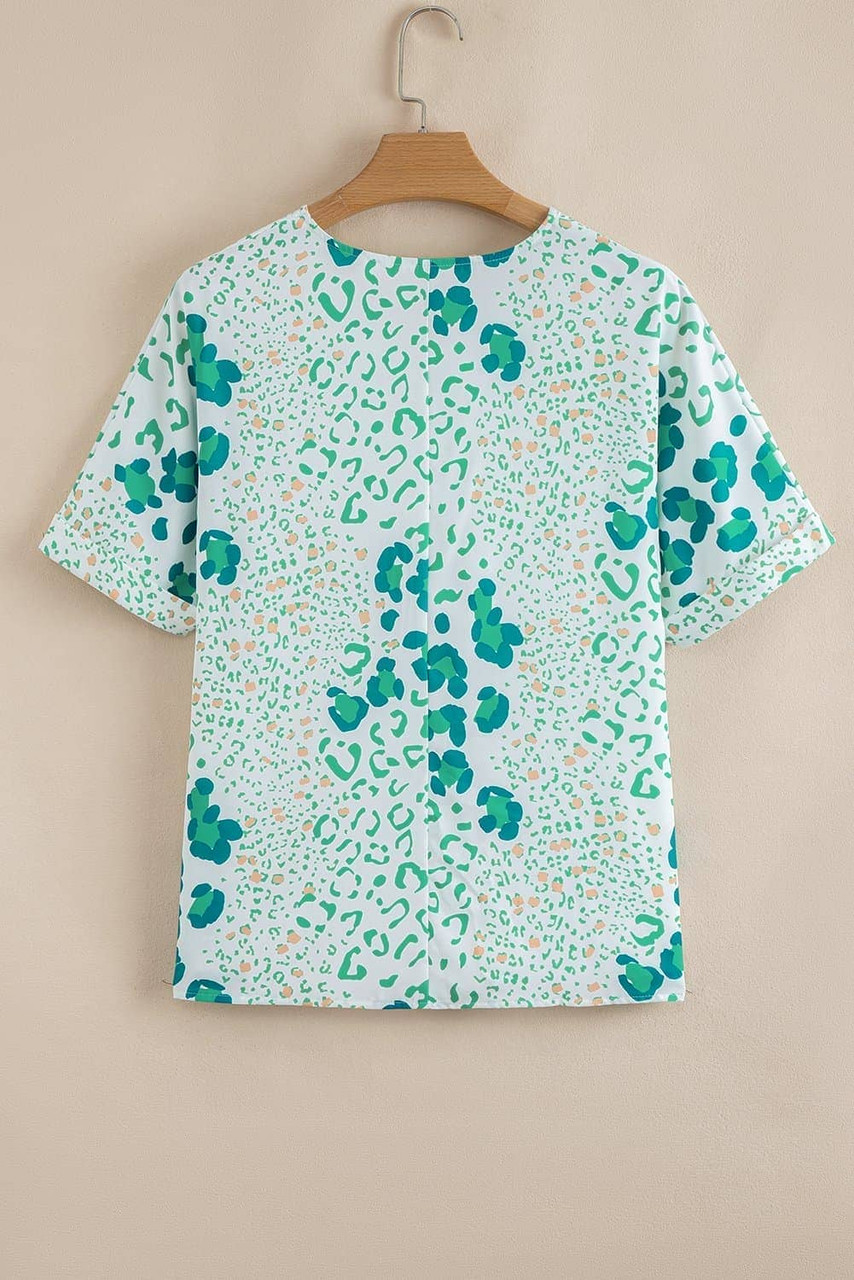 Green Mixed Leopard Print V Neck Short Sleeve Blouse Green Mixed Leopard Print V Neck Short Sleeve Blouse