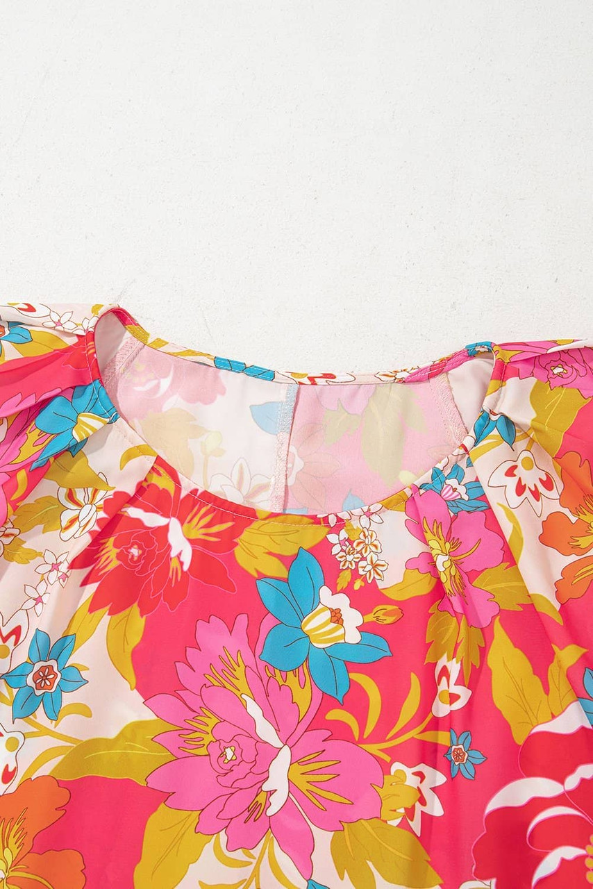 Pink Floral Print Bubble Short Sleeve Dress