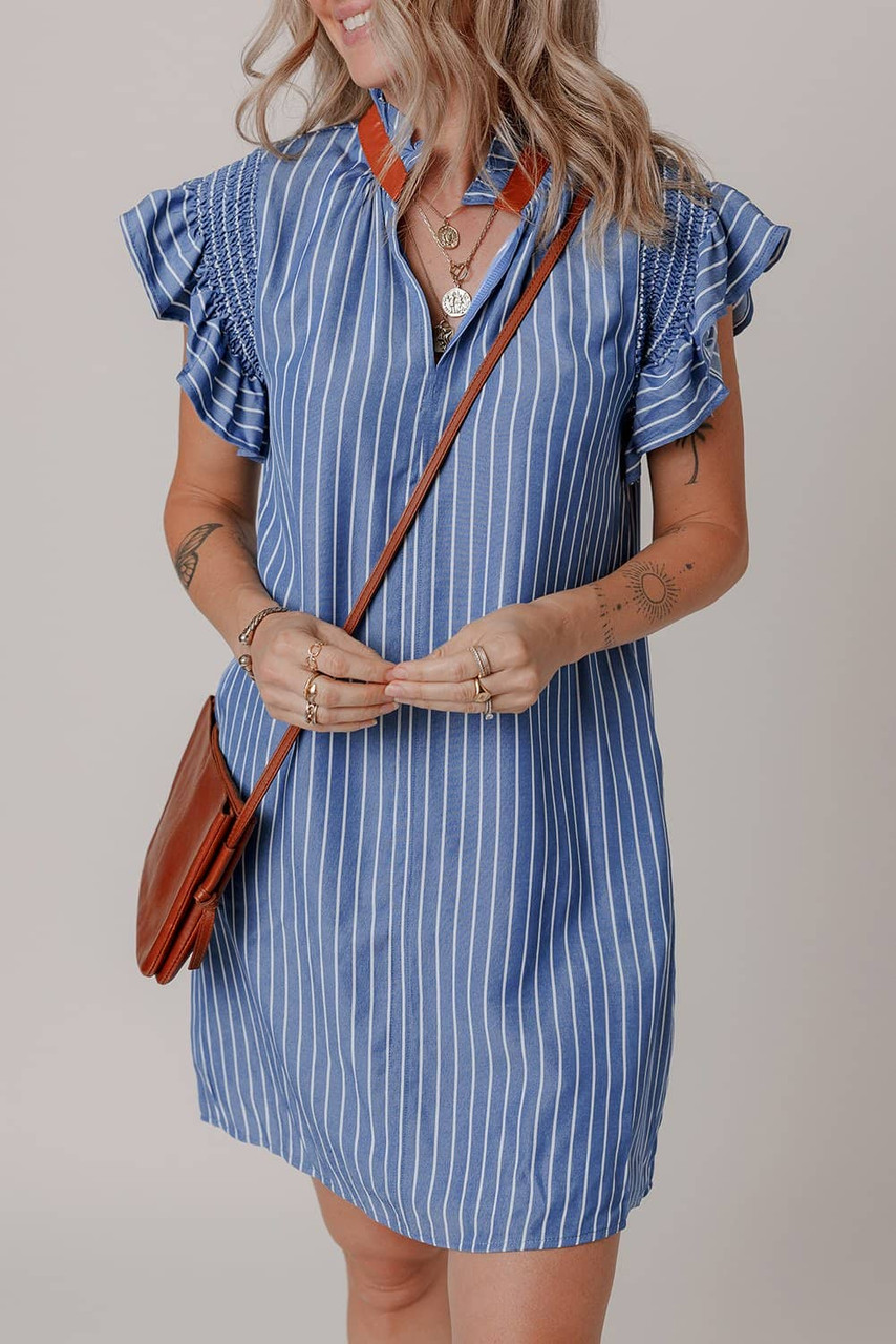 Sky Blue Stripe Frilly Split Neck Shirred Ruffle Sleeve Short Shift Dress