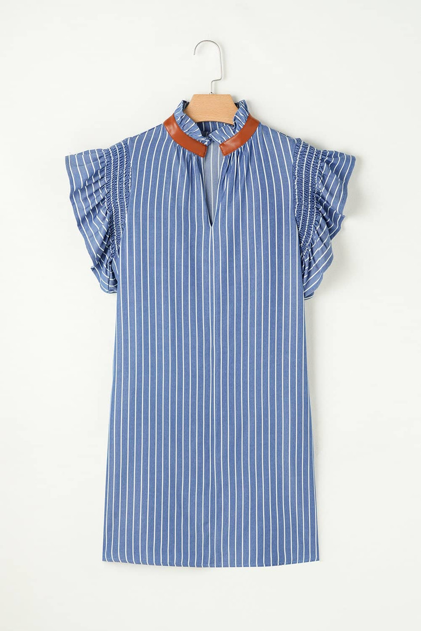 Sky Blue Stripe Frilly Split Neck Shirred Ruffle Sleeve Short Shift Dress