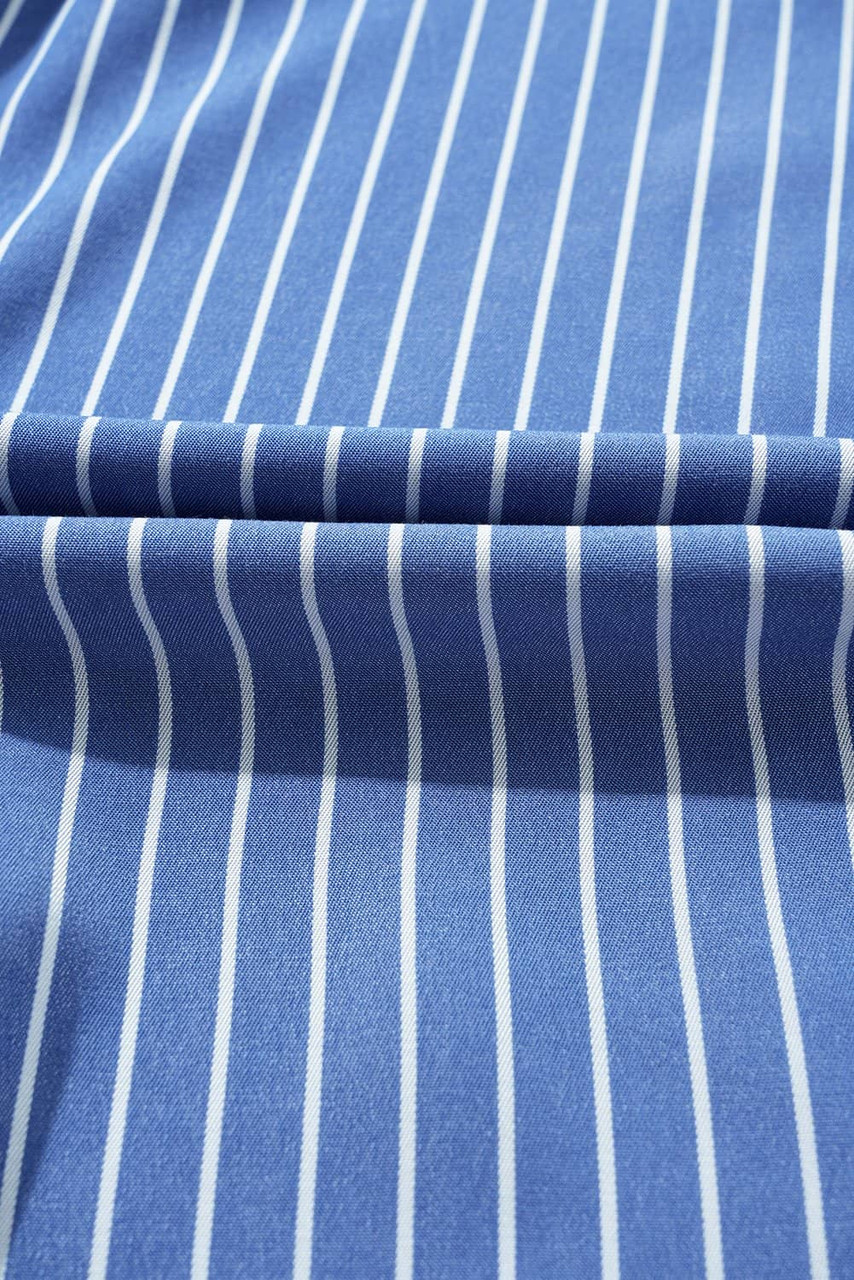 Sky Blue Stripe Frilly Split Neck Shirred Ruffle Sleeve Short Shift Dress