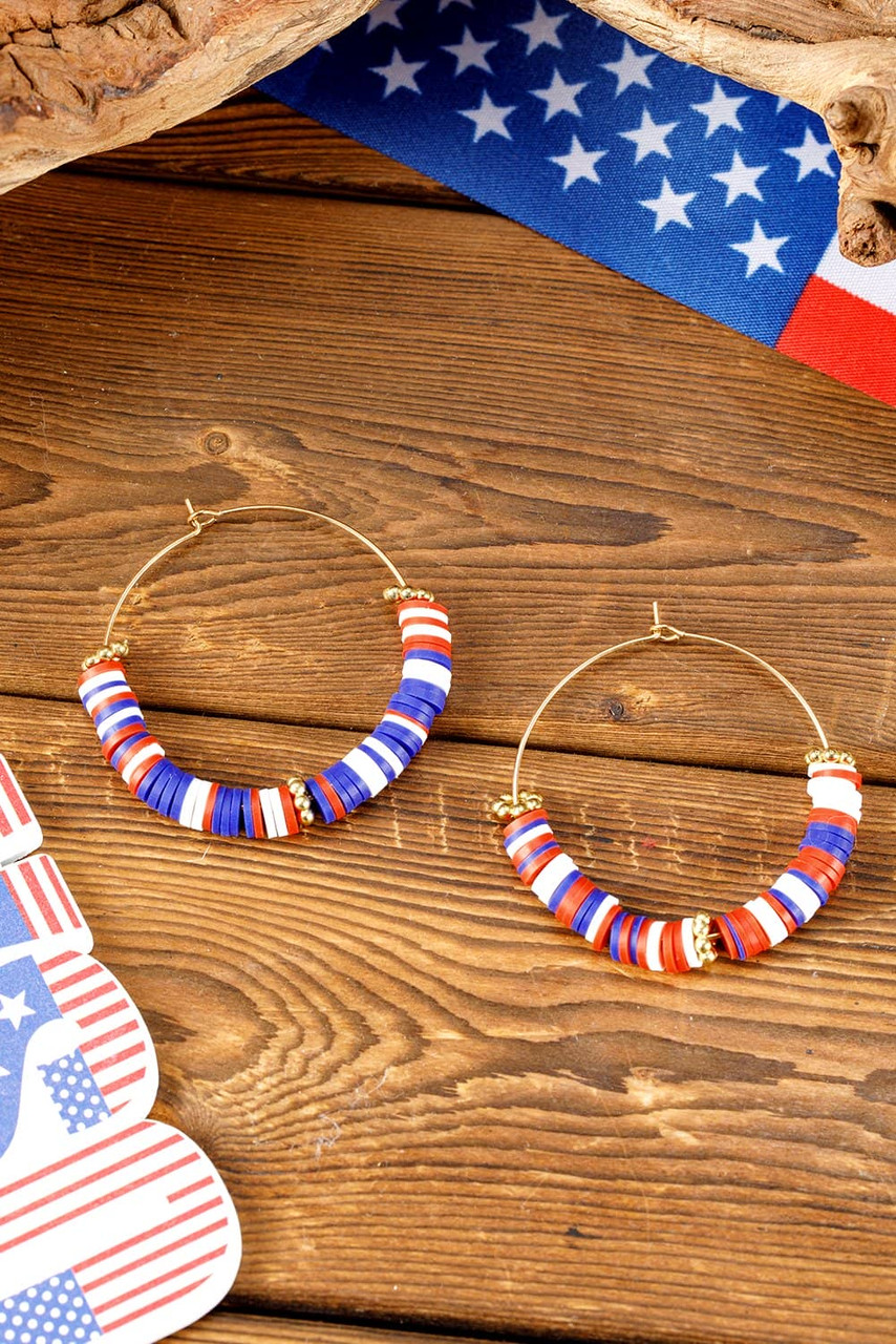 Dark Blue American Flag Inspired Beaded Large Hoop Earrings Dark Blue American Flag Inspired Beaded Large Hoop Earrings