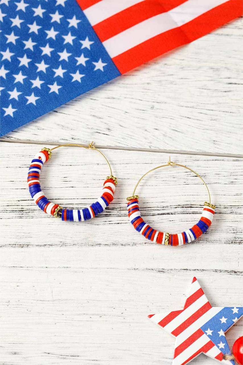 Dark Blue American Flag Inspired Beaded Large Hoop Earrings Dark Blue American Flag Inspired Beaded Large Hoop Earrings
