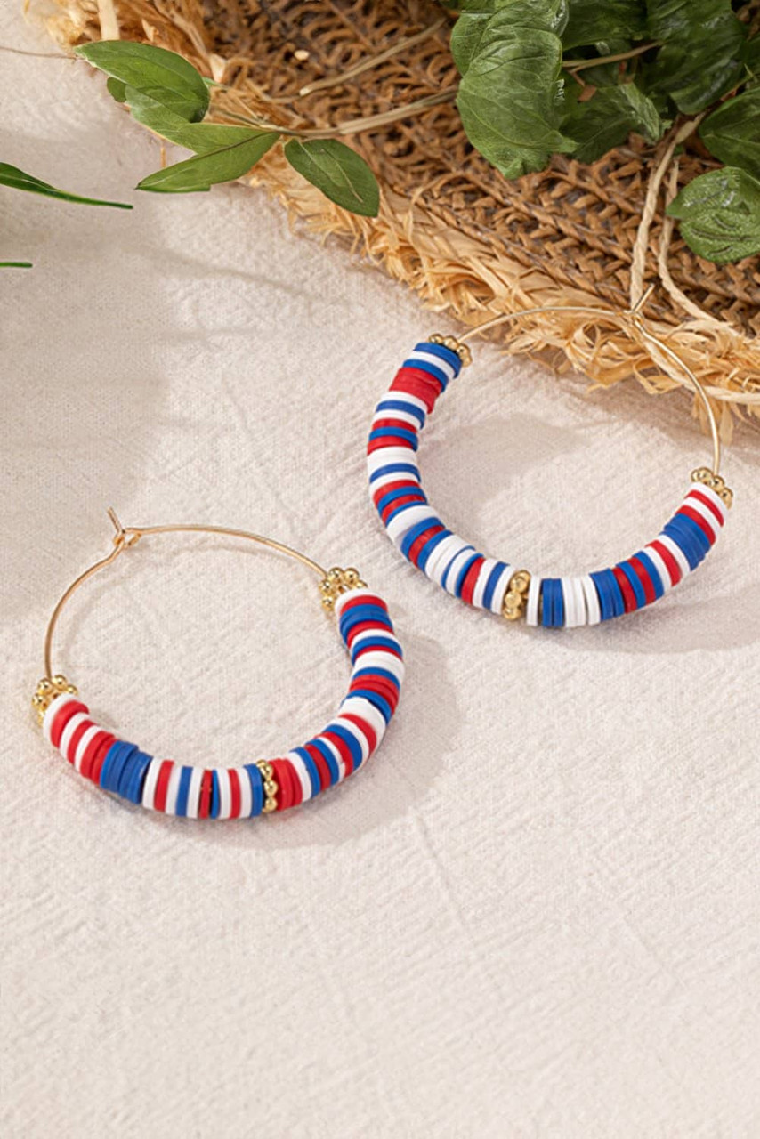 Dark Blue American Flag Inspired Beaded Large Hoop Earrings Dark Blue American Flag Inspired Beaded Large Hoop Earrings