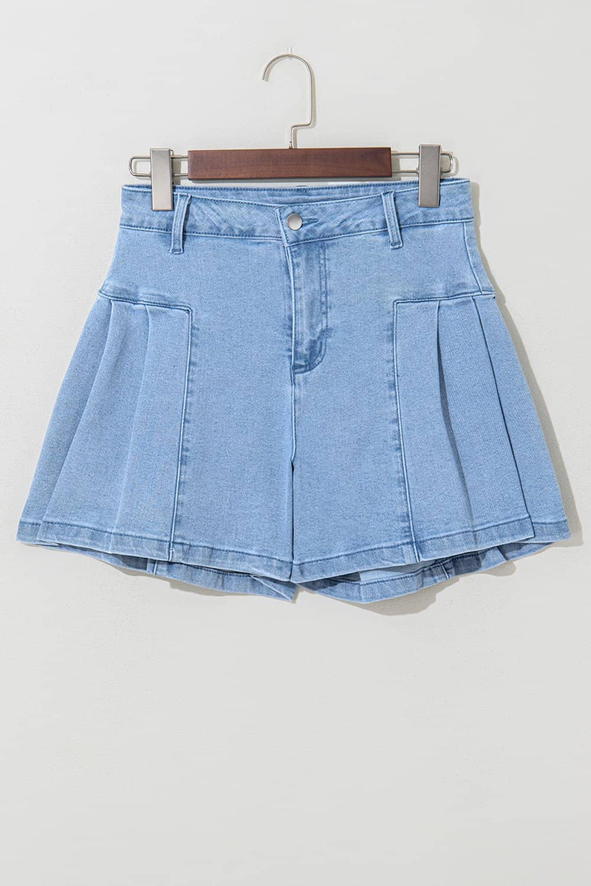 Dusk Blue Pleated Patchwork Wide Leg Lightweight Denim Shorts