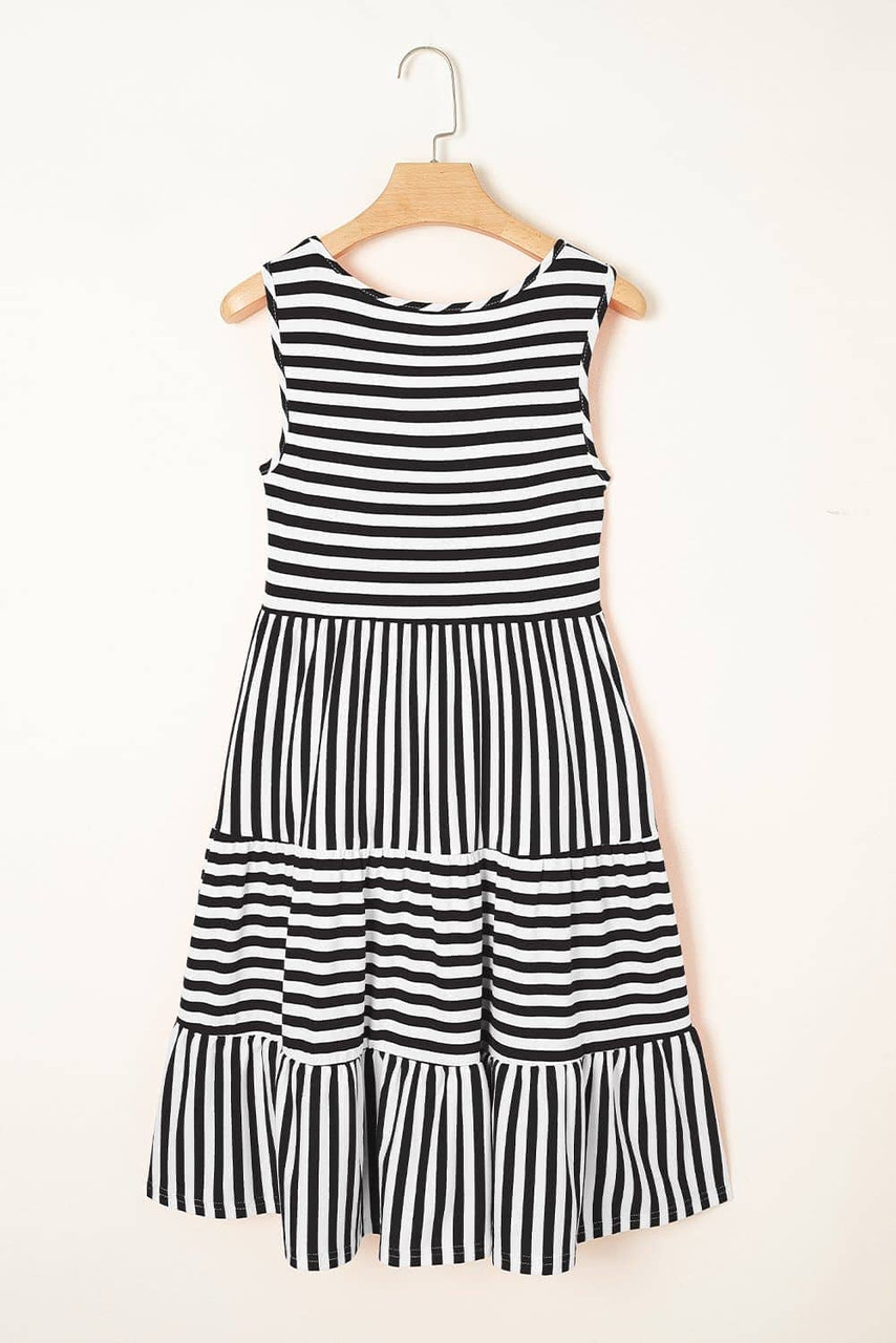 Black Stripe U Neck Sleeveless Loose Fit Mini Dress