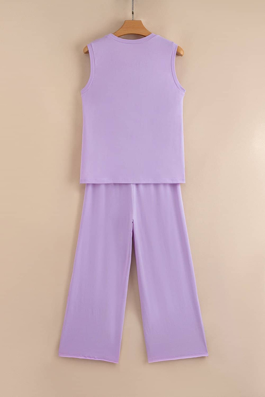 Orchid Petal Mineral Wash Casual Round Neck Tank and Straight Loose Drawstring Pants Set