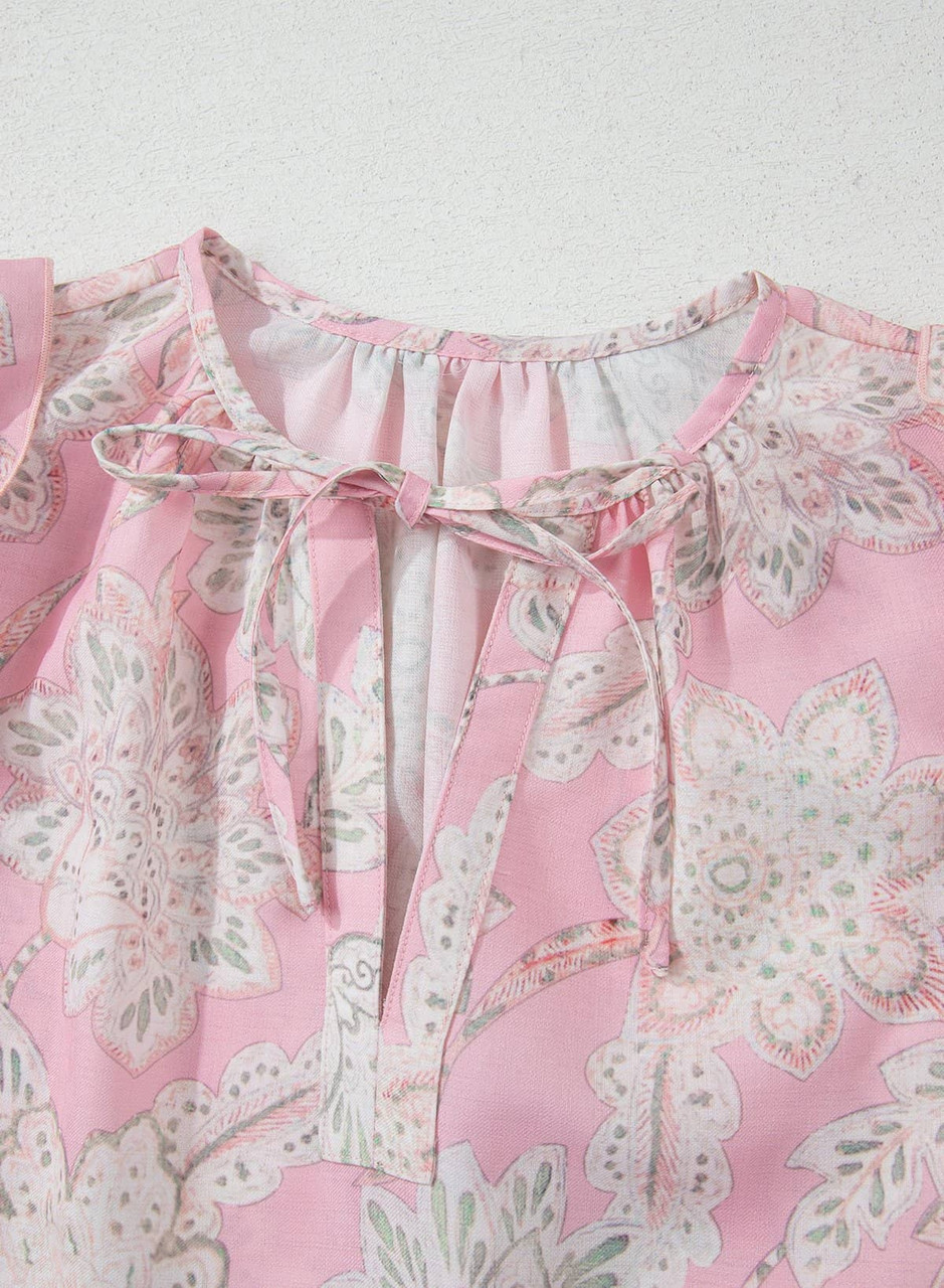 Pink Floral Print Drawstring V Neck Puff Sleeve Loose Blouse