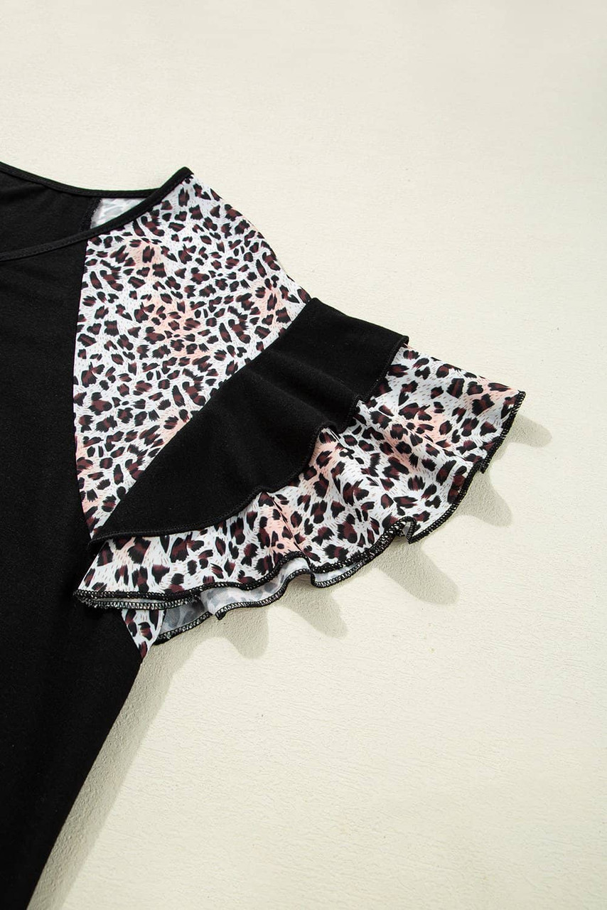 Black Leopard Ruffle Patchwork Sleeve Plus Size Summer Top