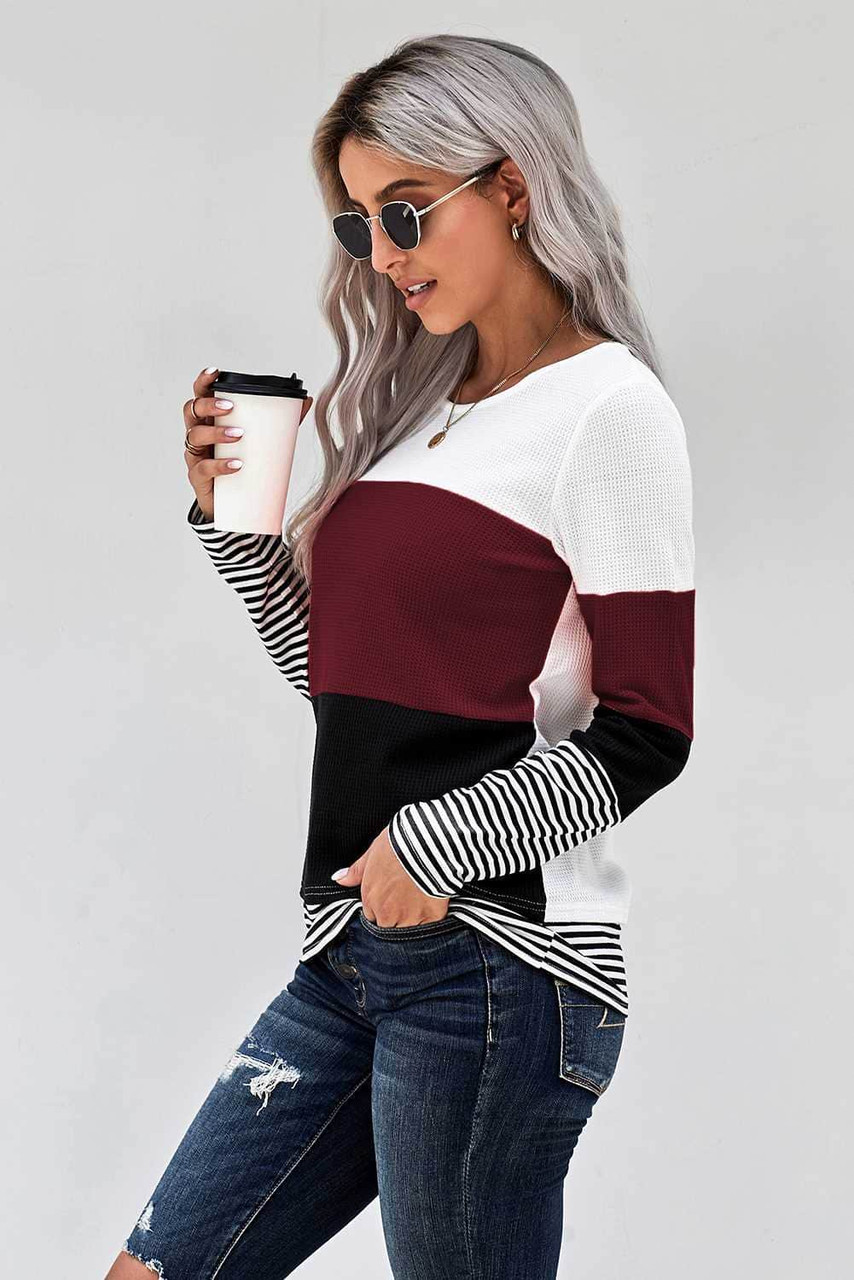 Stylish Colorblock Splicing Stripes Top