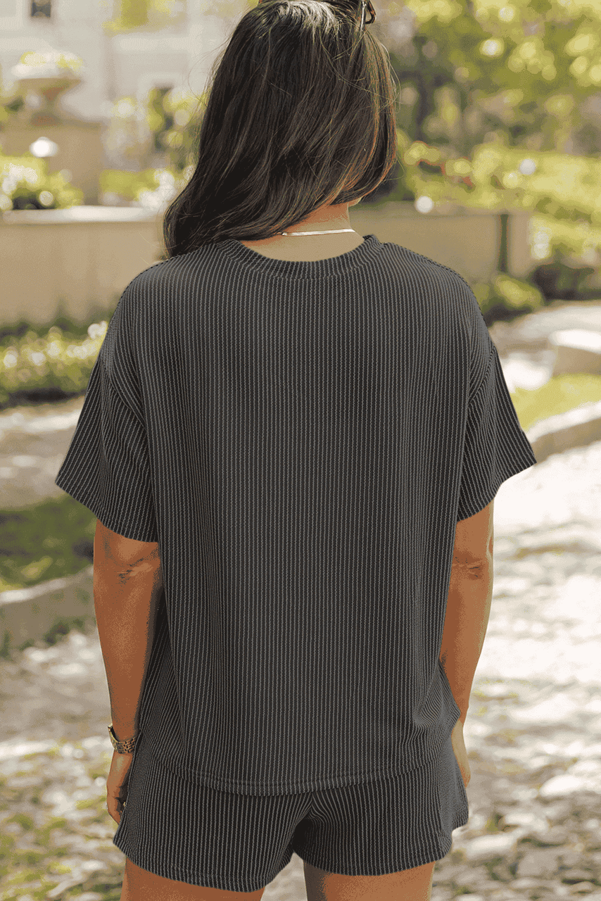 Carbon Grey Twisted Rib Texture Guitar Music Note Patched 2pcs Short Set Carbon Grey Twisted Rib Texture Guitar Music Note Patched 2pcs Short Set