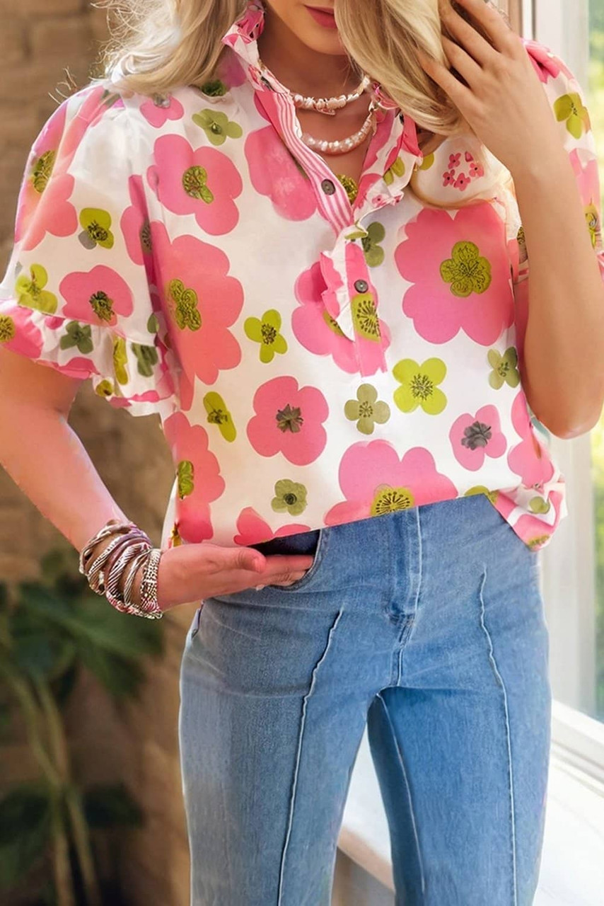 Pink Floral Ruffle Short Sleeve Striped Buttoned Collar Blouse Pink Floral Ruffle Short Sleeve Striped Buttoned Collar Blouse