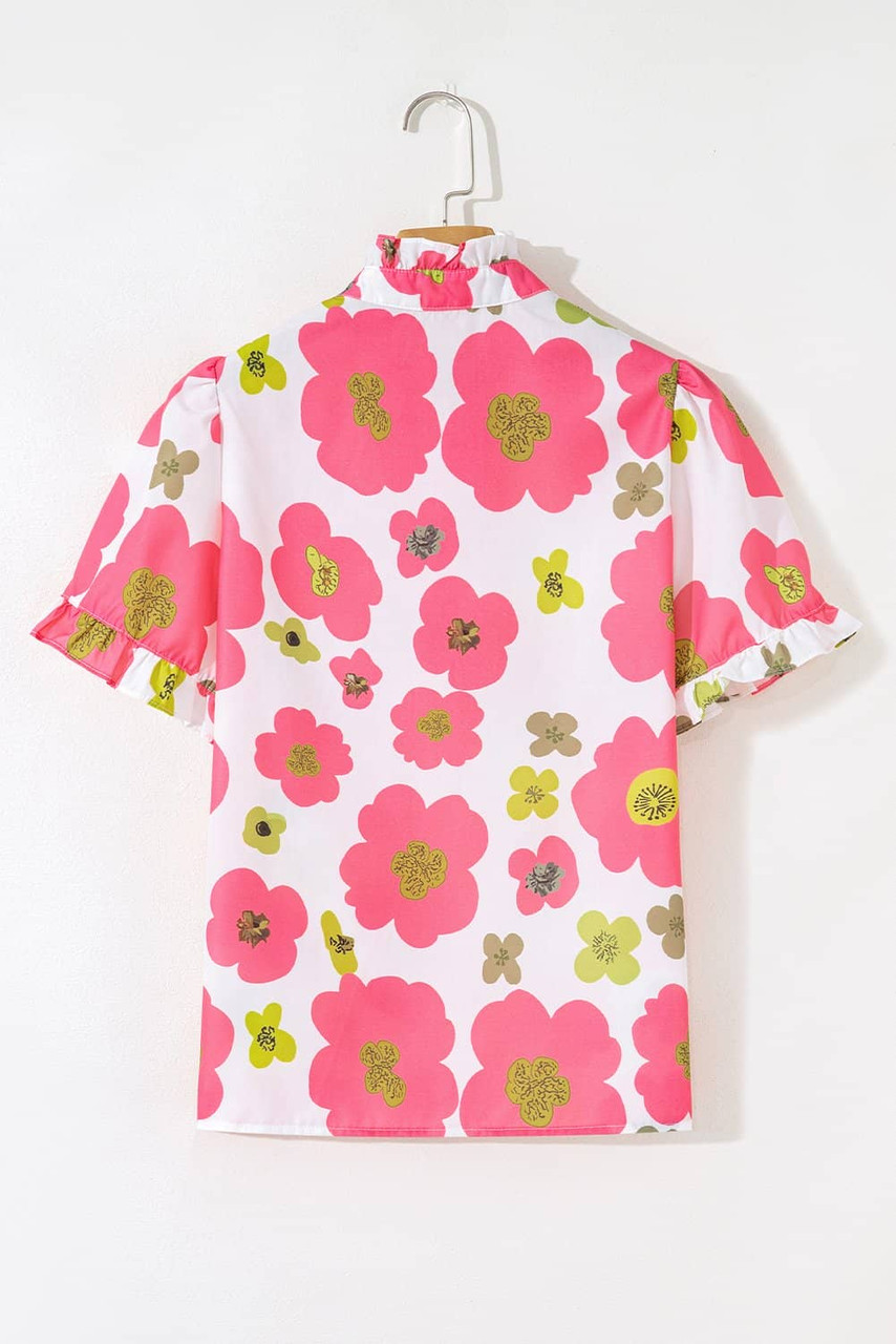 Pink Floral Ruffle Short Sleeve Striped Buttoned Collar Blouse Pink Floral Ruffle Short Sleeve Striped Buttoned Collar Blouse