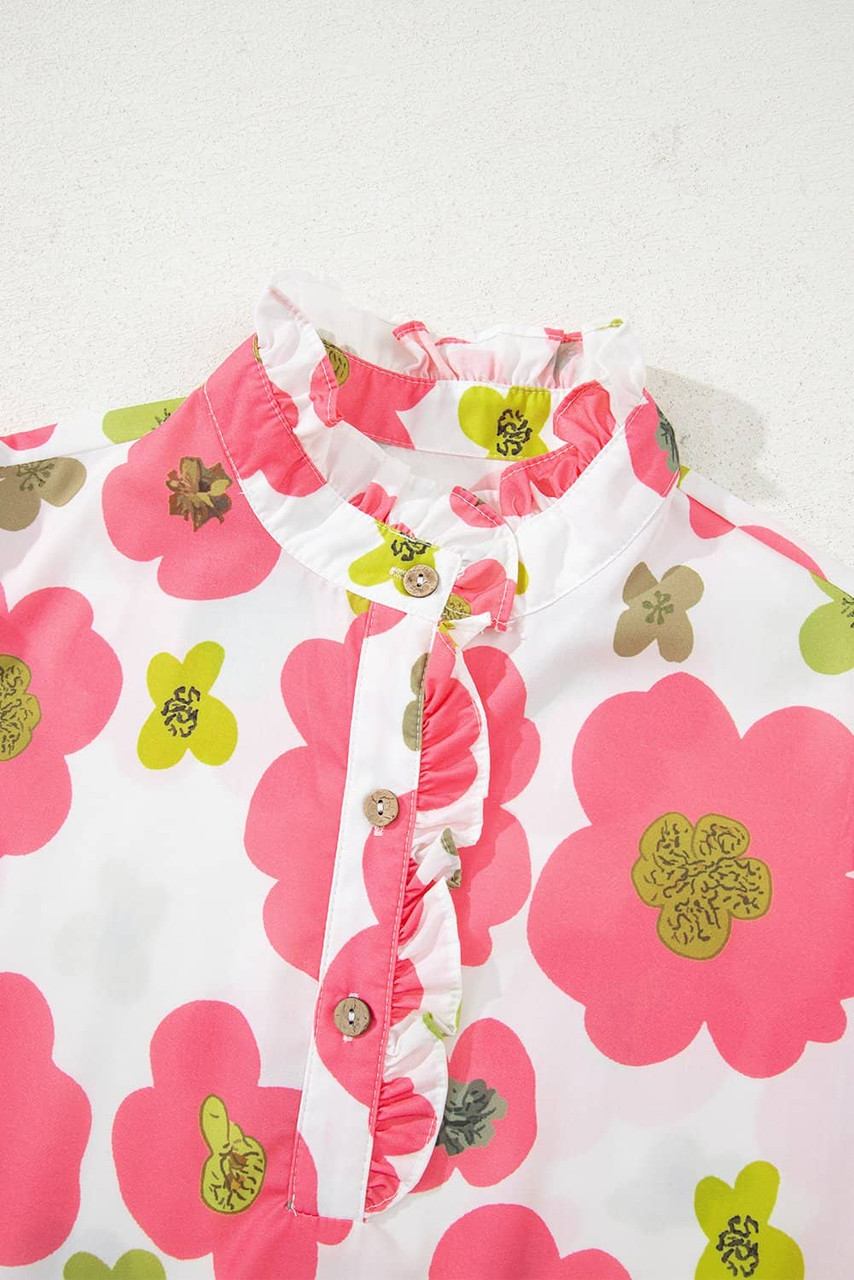 Pink Floral Ruffle Short Sleeve Striped Buttoned Collar Blouse Pink Floral Ruffle Short Sleeve Striped Buttoned Collar Blouse