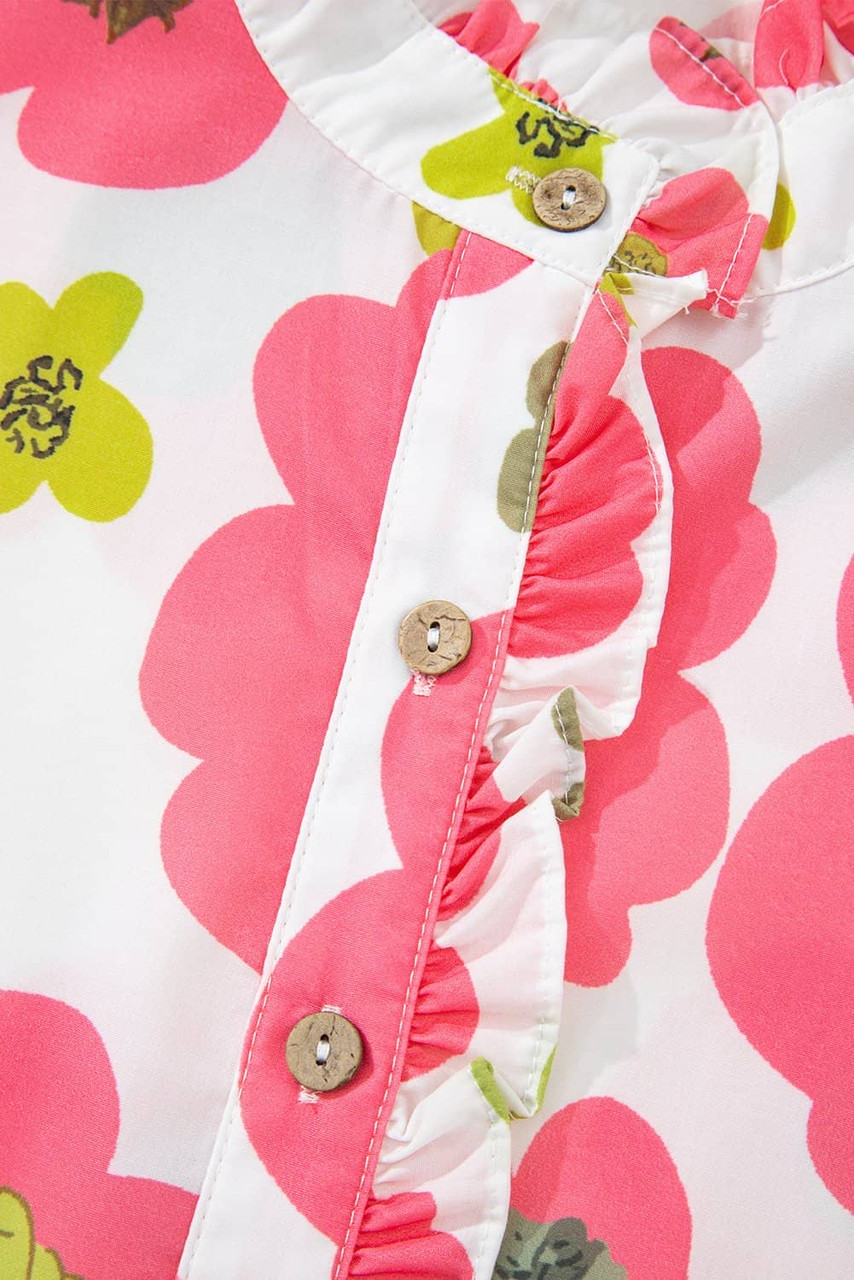 Pink Floral Ruffle Short Sleeve Striped Buttoned Collar Blouse Pink Floral Ruffle Short Sleeve Striped Buttoned Collar Blouse