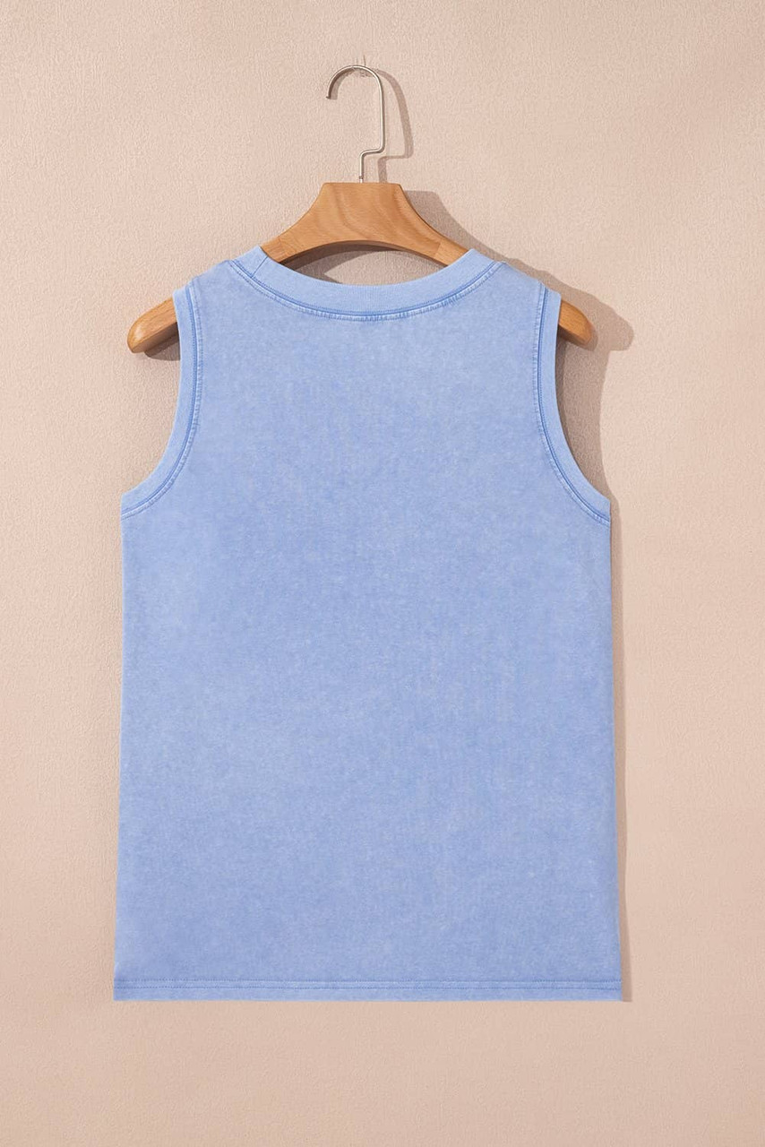 Beau Blue Mineral Wash Patched Chest Pocket Casual Tank Top