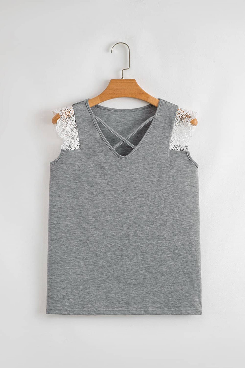 Gray Lace Patchwork Criss Cross V Neck Tank Top