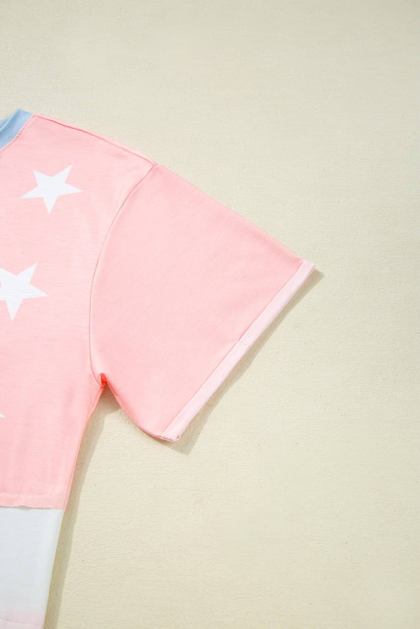 Pink Stars and Stripes Printed Crewneck Independence Day T Shirt Pink Stars and Stripes Printed Crewneck Independence Day T Shirt