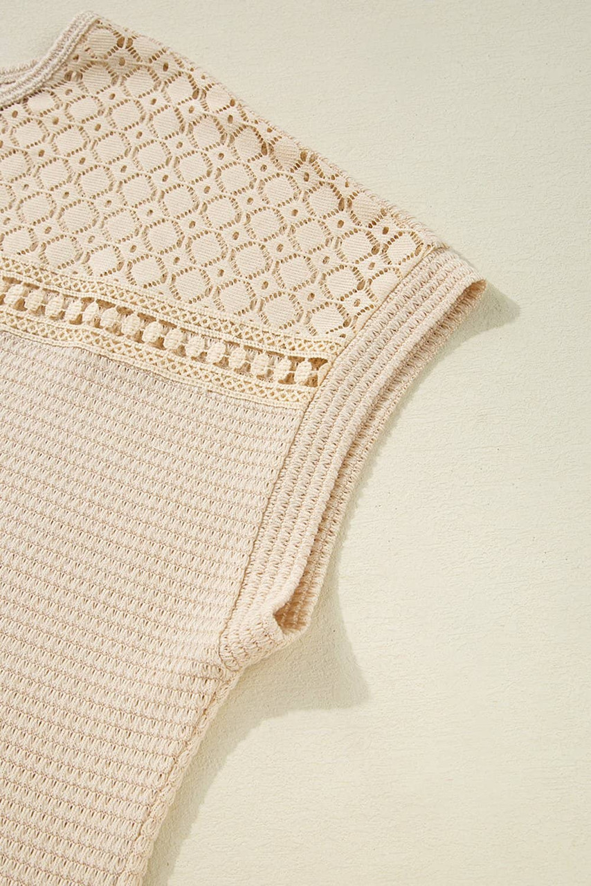 Oatmeal Lace Patchwork Waffle Short Sleeve Plus Size Top
