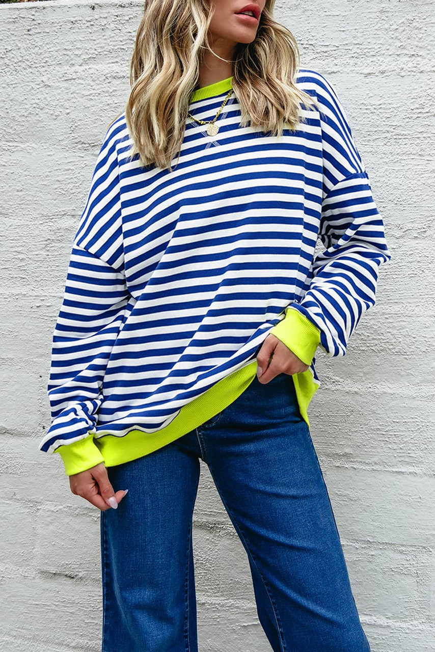 Sky Blue Stripe Striped Contrast Ribbed Trim Crossed Stitch Drop Shoulder Sweatshirt