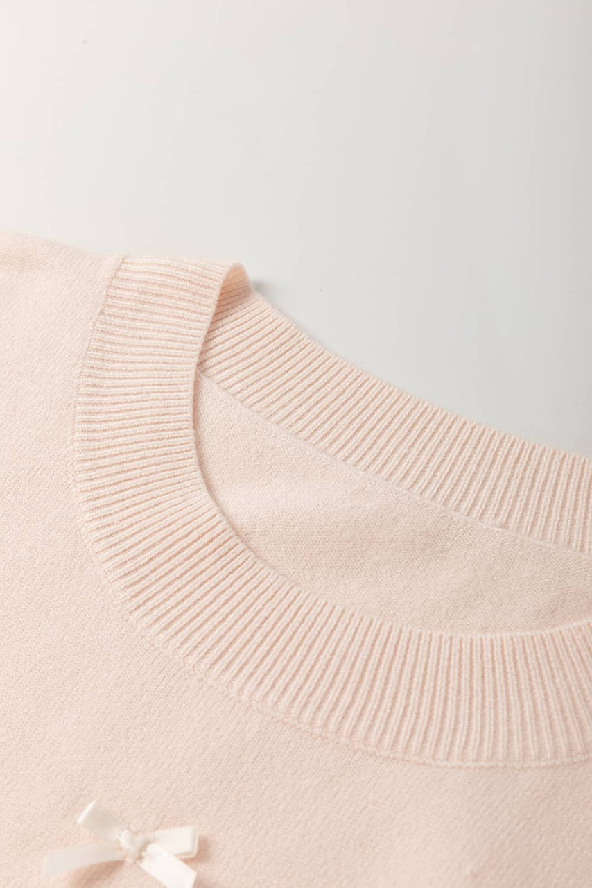 Oatmeal Pearl Bow Embellished Dolman Short Sleeve Sweater