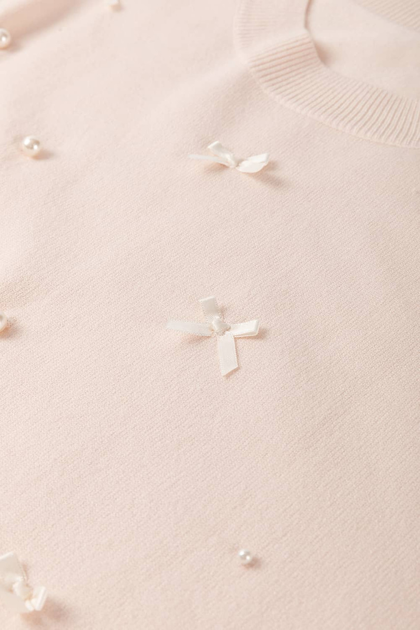 Oatmeal Pearl Bow Embellished Dolman Short Sleeve Sweater