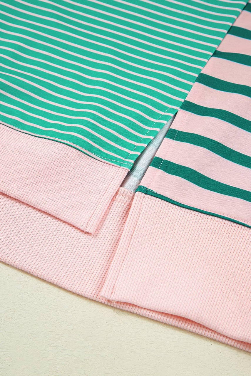 Green Stripe Color Block Exposed Seam Side Slit Plus Size Sweatshirt