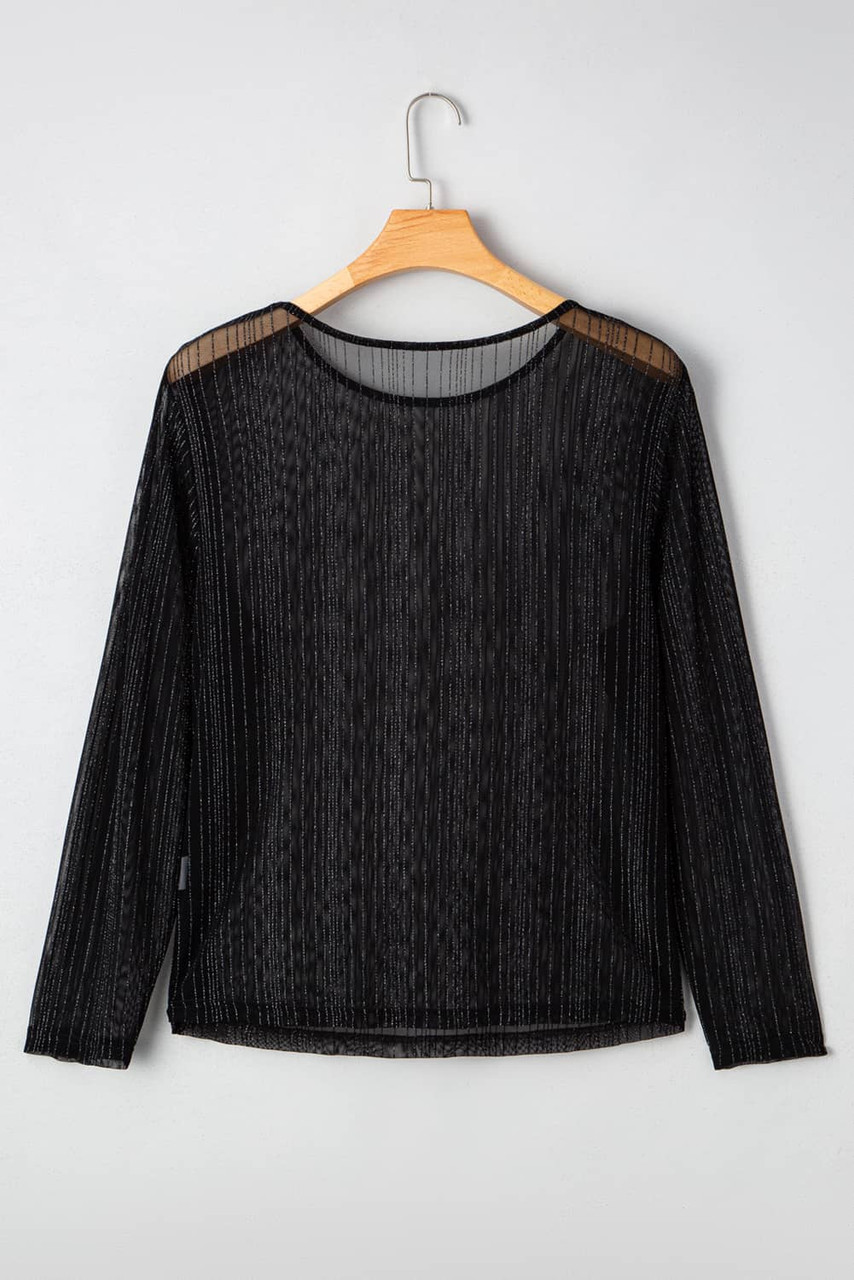 Black Plus Size Shimmer Textured Mesh Fitted Long Sleeve Top