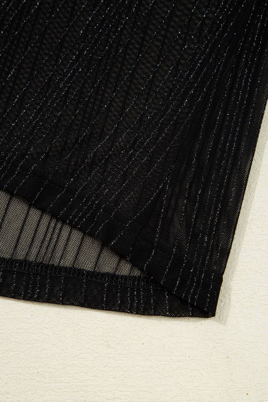 Black Plus Size Shimmer Textured Mesh Fitted Long Sleeve Top