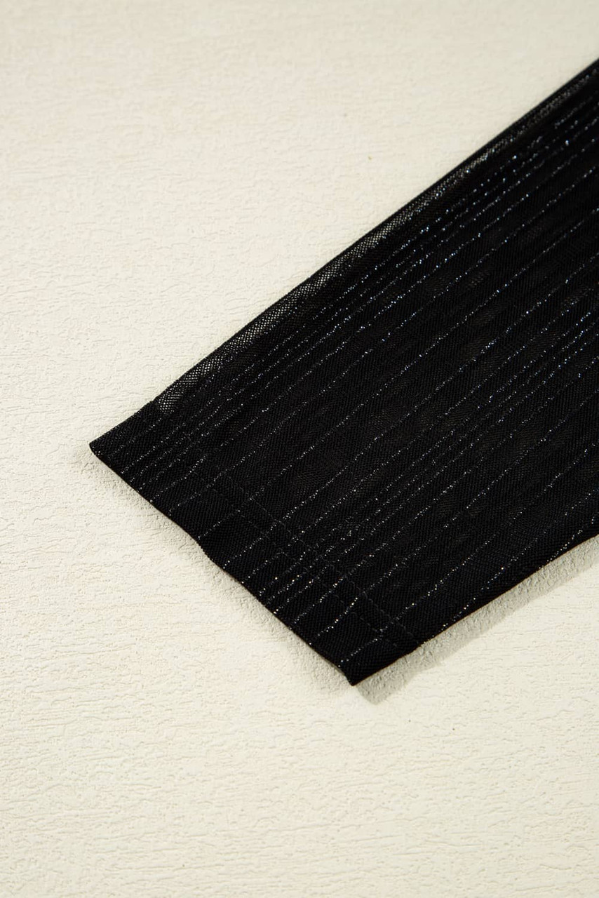 Black Plus Size Shimmer Textured Mesh Fitted Long Sleeve Top