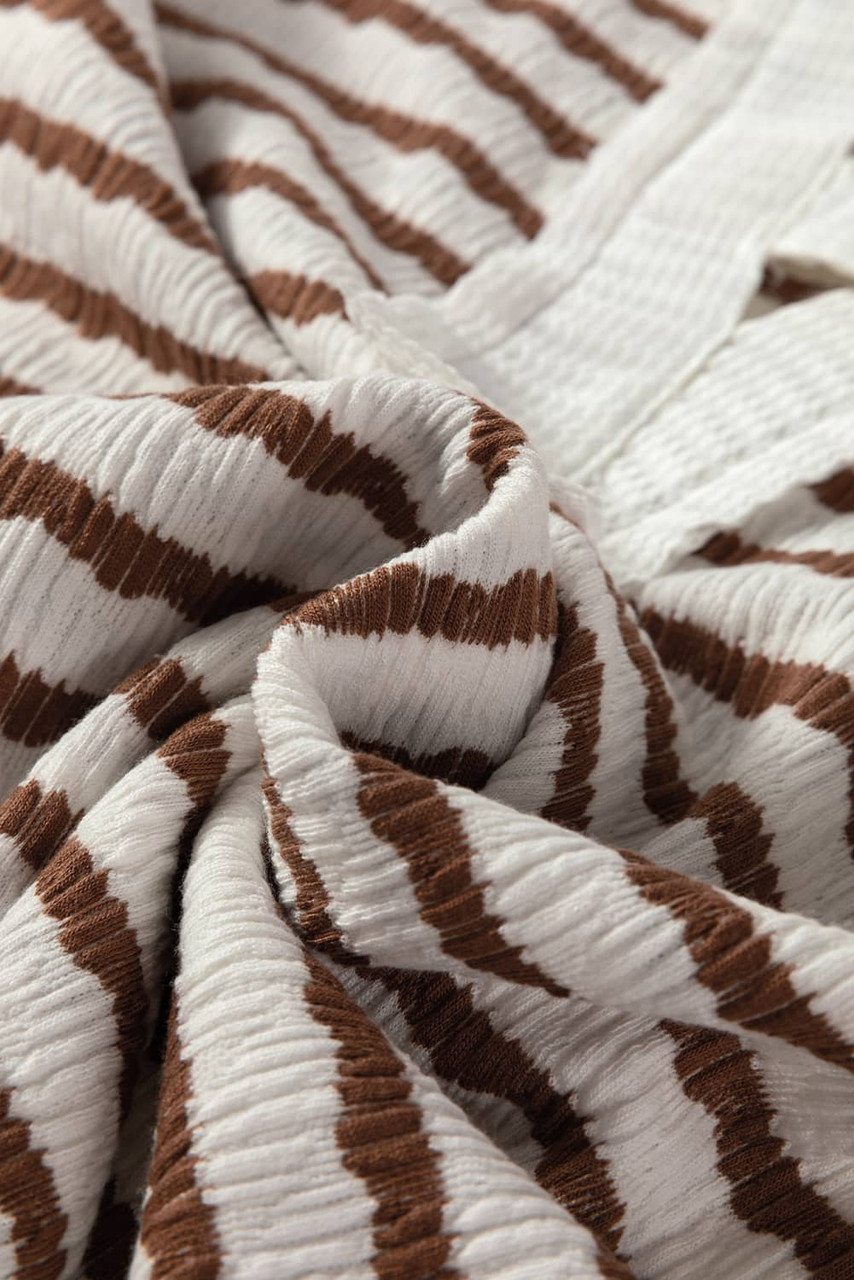 Khaki Stripe Textured Hooded V Neck Casual Long Sleeve Top