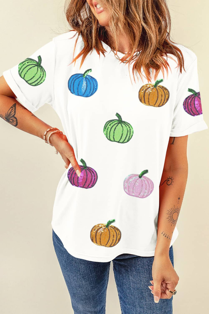 White Sequin Pumpkin Patched Cotton Blend T Shirt