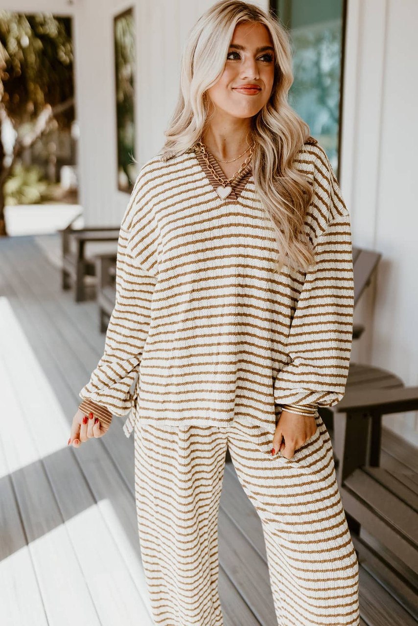 Khaki Stripe Collared Pullover Top and Drawstring Pant Set