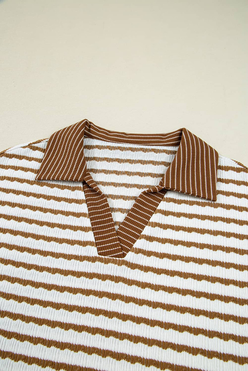 Khaki Stripe Collared Pullover Top and Drawstring Pant Set