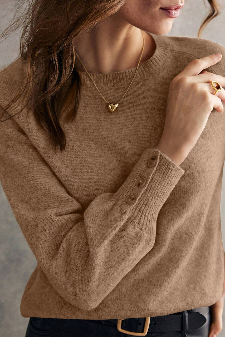 Camel Buttoned Bishop Sleeve Crew Neck Sweater