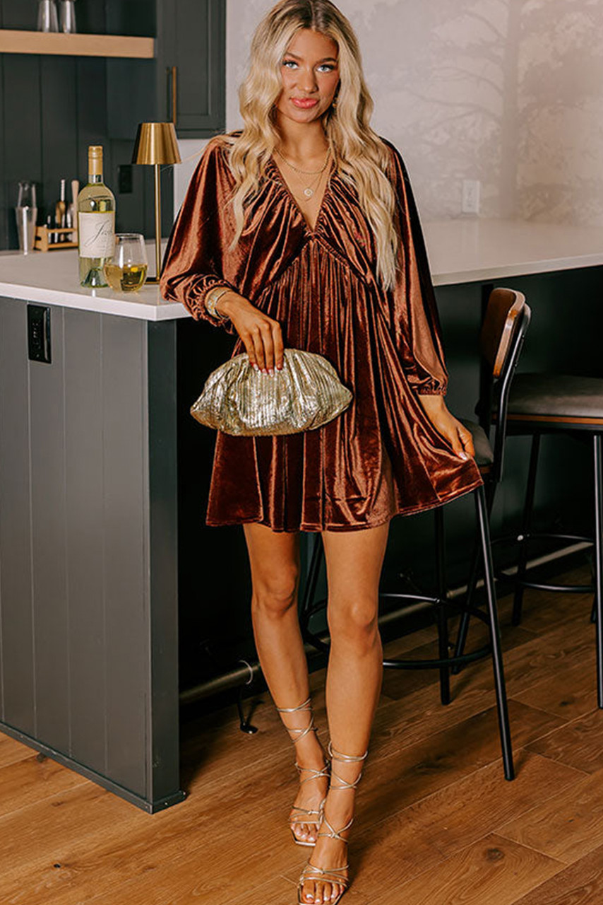 Clay Elastic V Neck Puff Sleeve Short Velvet Dress