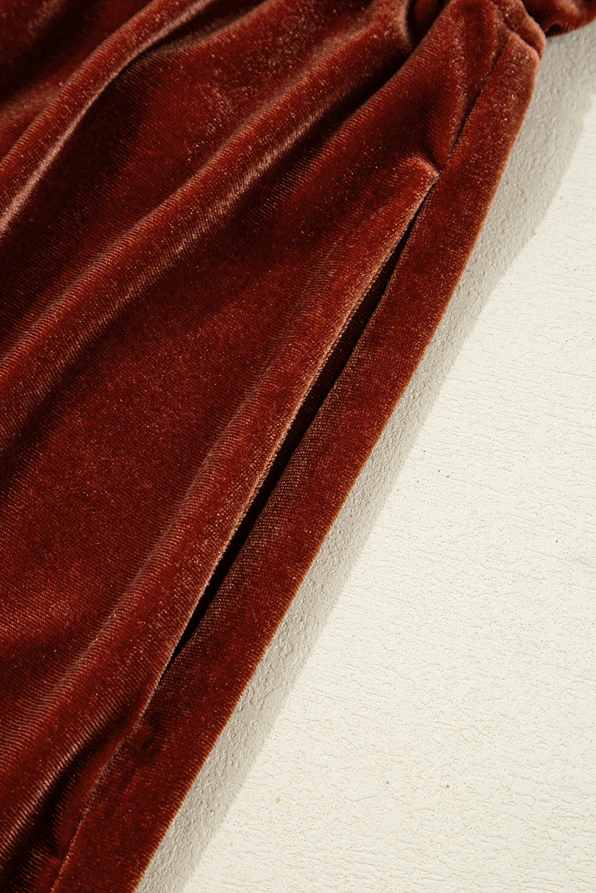 Clay Elastic V Neck Puff Sleeve Short Velvet Dress