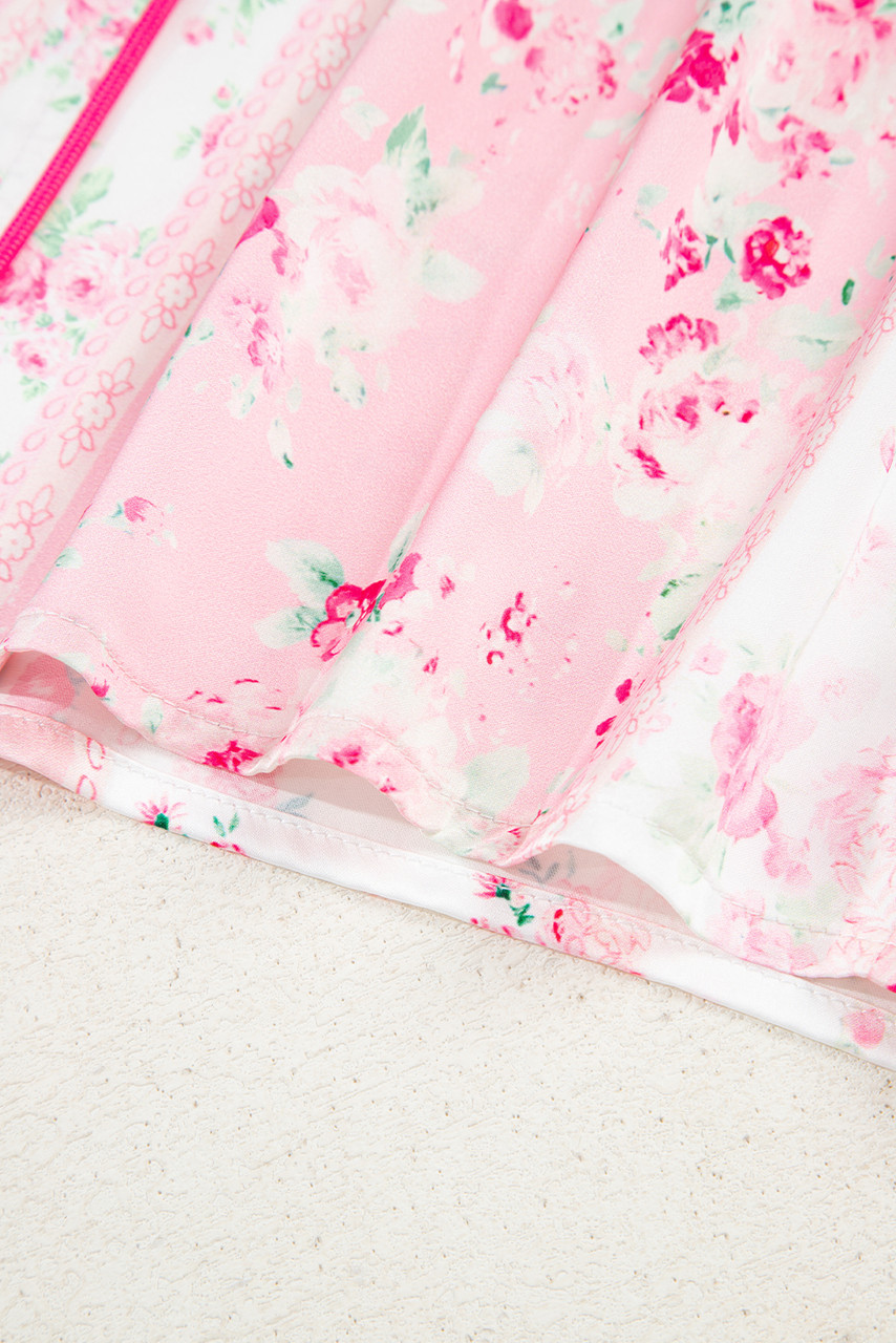 Pink Mixed Floral Print Contrast Piping Trim Satin Tie 2pcs Pajama Set