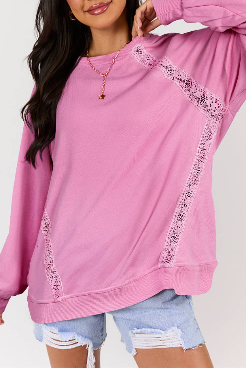 Bright Pink Lace Patched Raglan Sleeve Loose Fit Sweatshirt