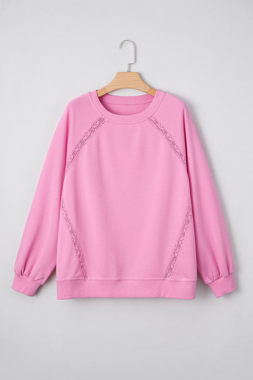 Bright Pink Lace Patched Raglan Sleeve Loose Fit Sweatshirt