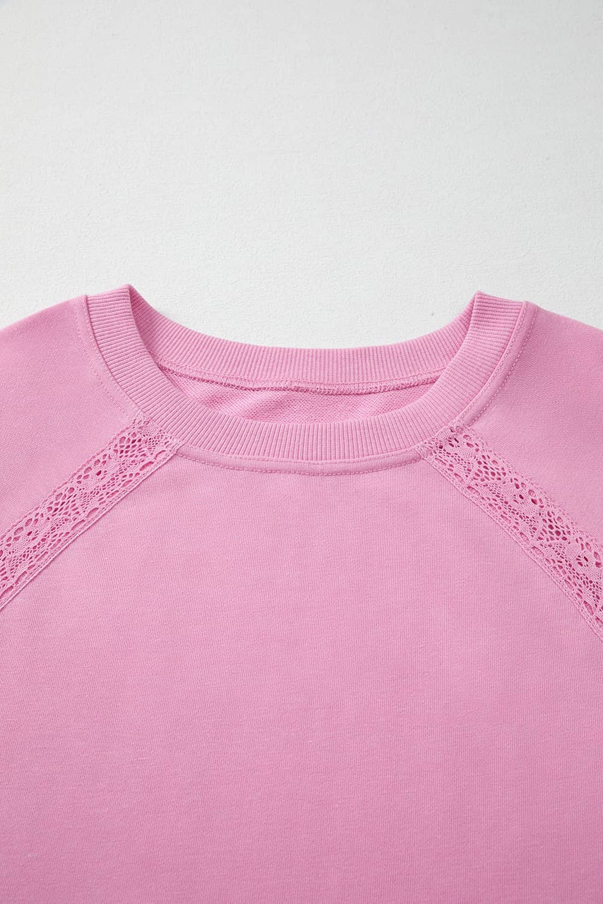 Bright Pink Lace Patched Raglan Sleeve Loose Fit Sweatshirt