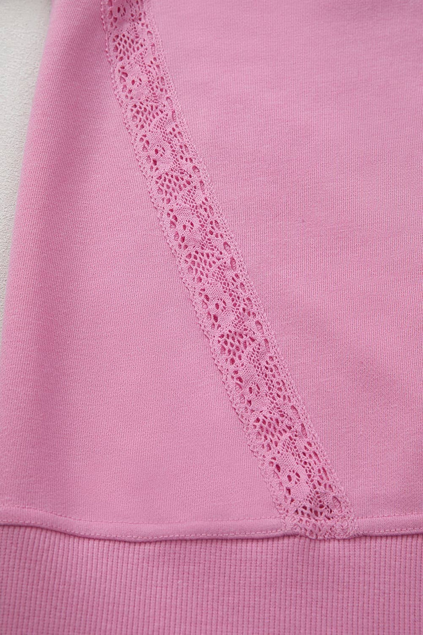 Bright Pink Lace Patched Raglan Sleeve Loose Fit Sweatshirt