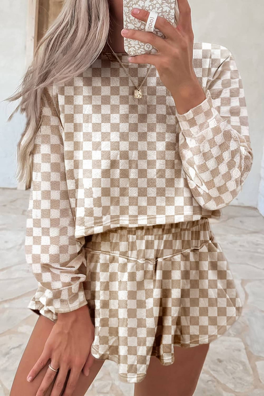 Khaki Checkered Long Sleeve Crop Top High Waist Skort 2pcs Set