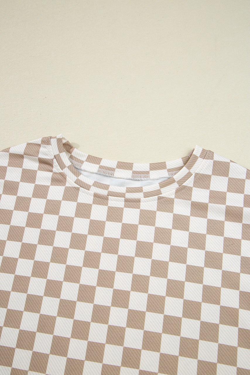 Khaki Checkered Long Sleeve Crop Top High Waist Skort 2pcs Set