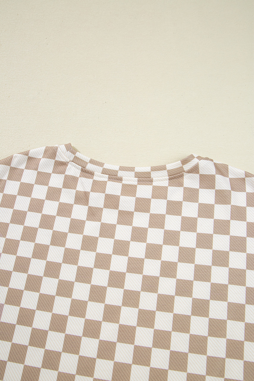 Khaki Checkered Long Sleeve Crop Top High Waist Skort 2pcs Set