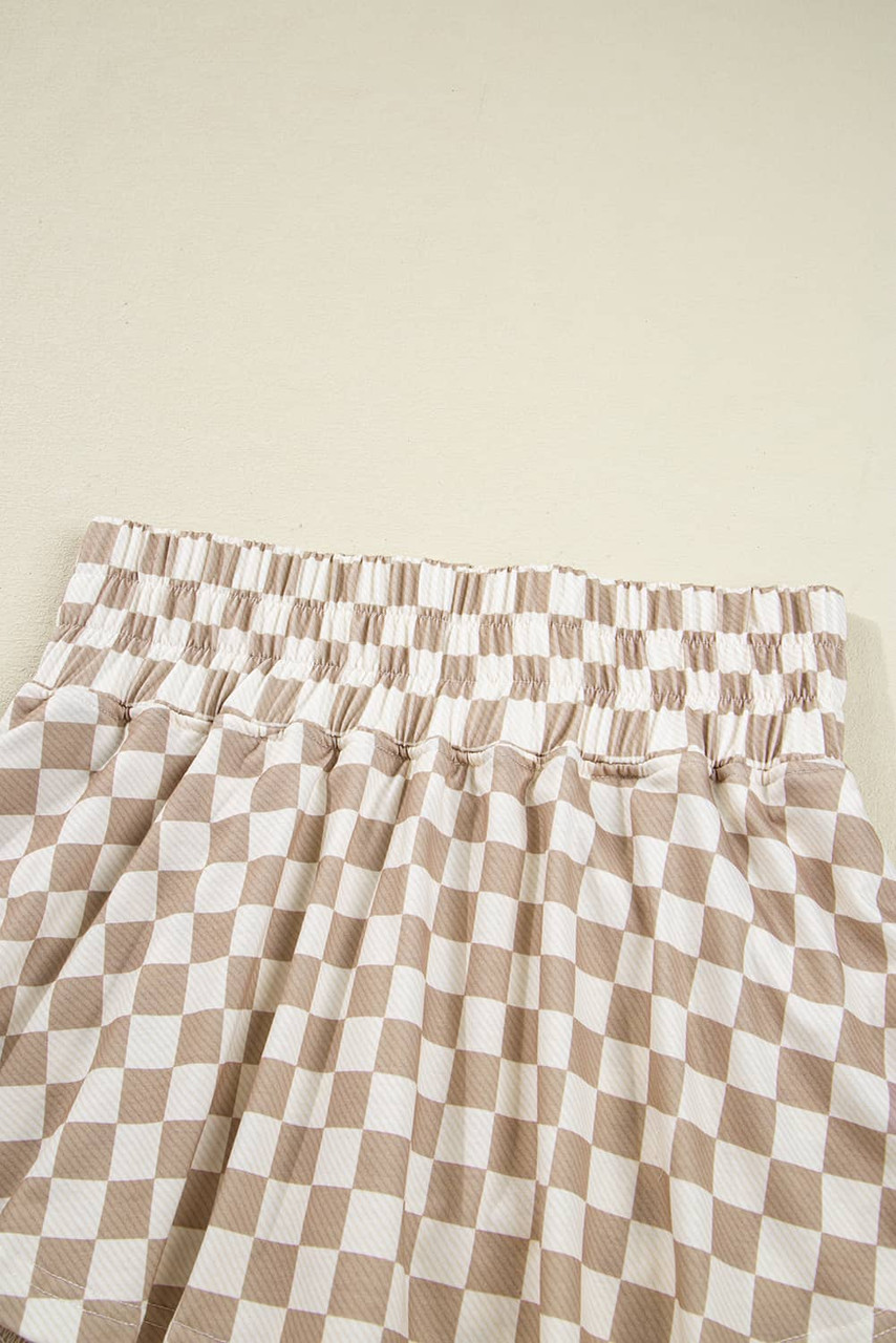 Khaki Checkered Long Sleeve Crop Top High Waist Skort 2pcs Set