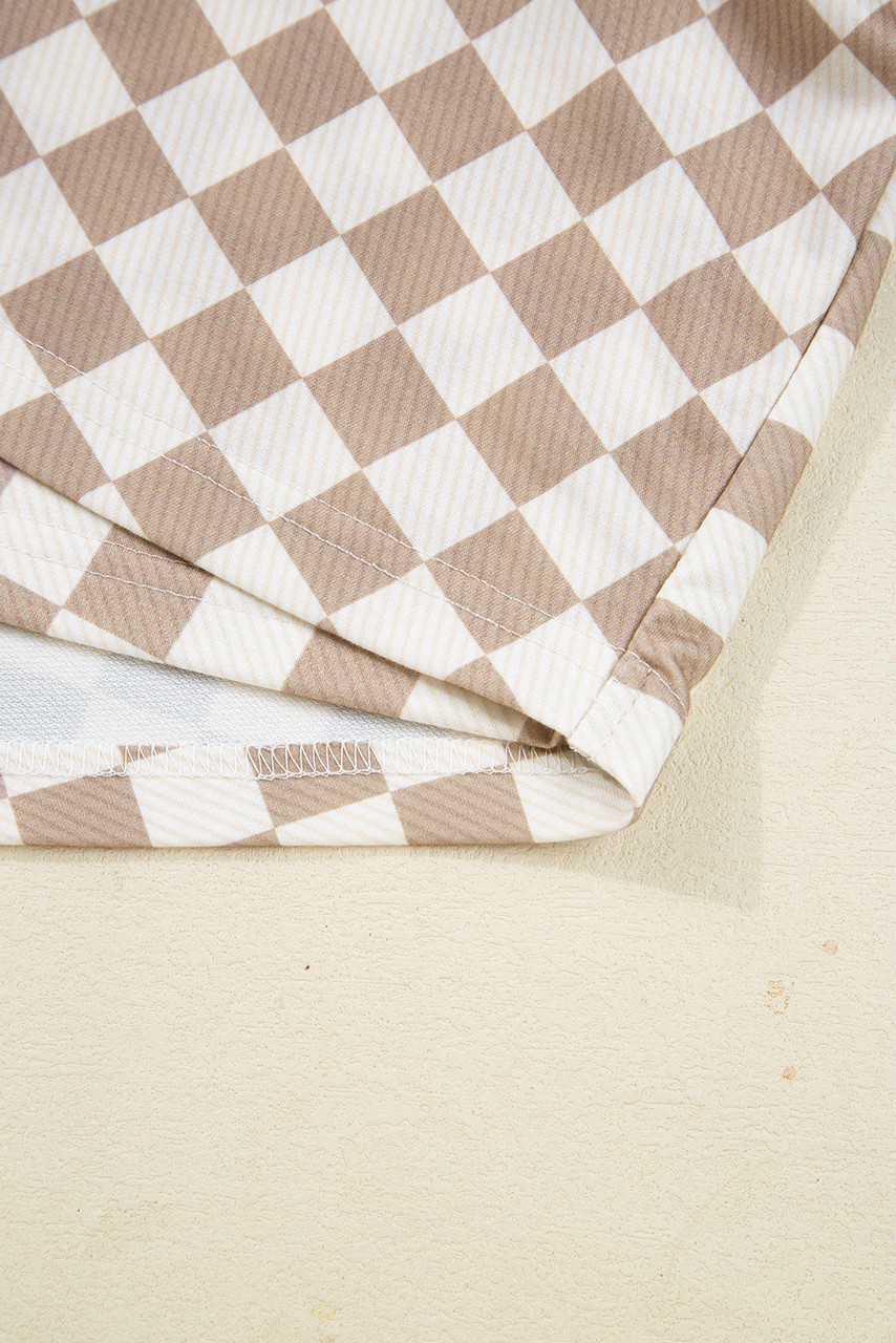 Khaki Checkered Long Sleeve Crop Top High Waist Skort 2pcs Set