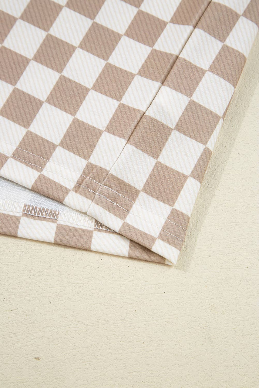 Khaki Checkered Long Sleeve Crop Top High Waist Skort 2pcs Set