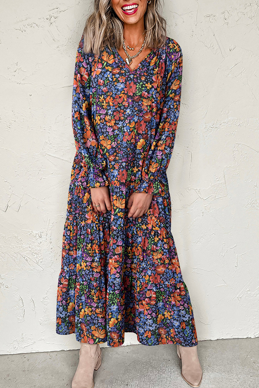 Blue Floral Print Tassel Tie V Neck Long Sleeve Flowy Long Dress Blue Floral Print Tassel Tie V Neck Long Sleeve Flowy Long Dress